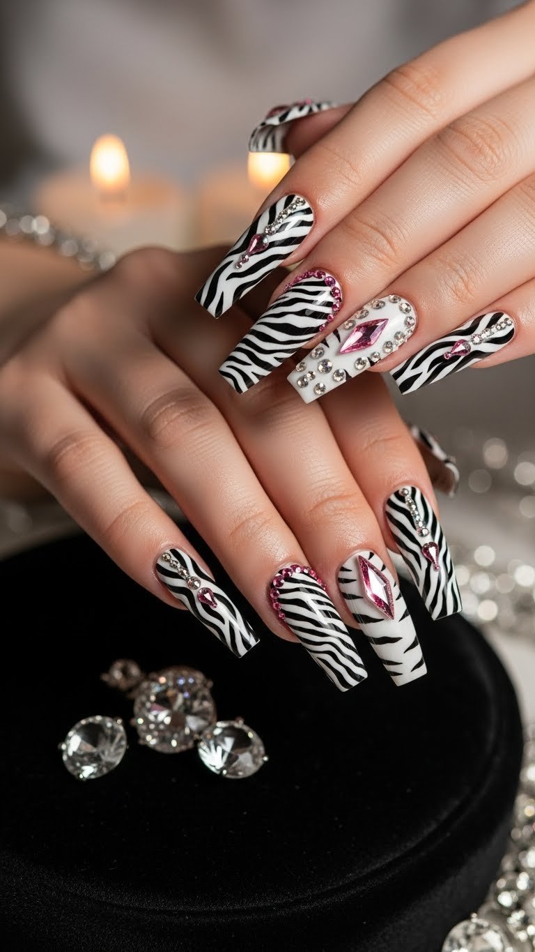 Glamorous coffin zebra print nails with rhinestones on black velvet cushion with diamond jewelry