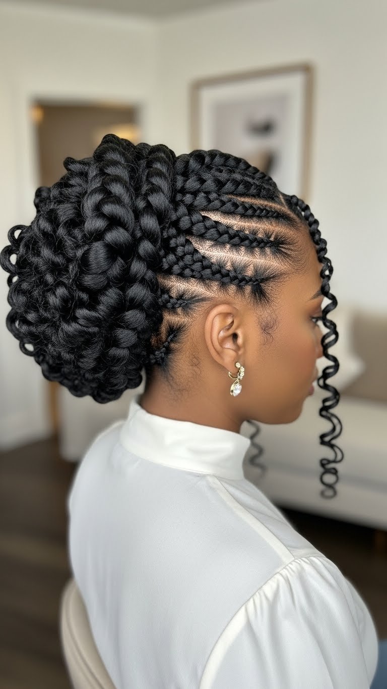 Glamorous goddess braids hairstyle updo with ornate scalp patterns on rich dark brown hair and soft curly ends.
