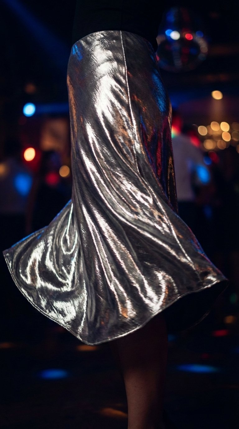 Glamorous liquid metal silk-lamé skirt swirling in motion with dramatic low-key lighting at party