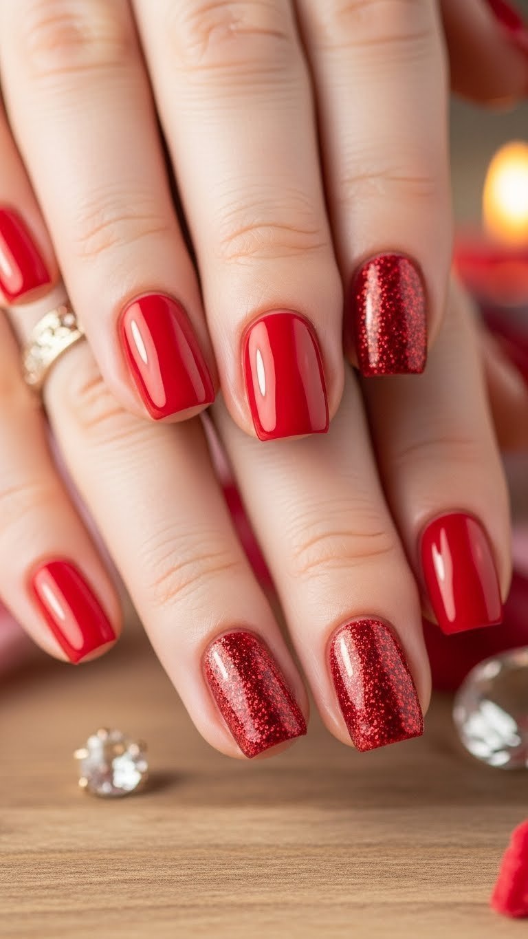 Glamorous red glitter accent nails with vibrant polish and shimmering finish against romantic backdrop