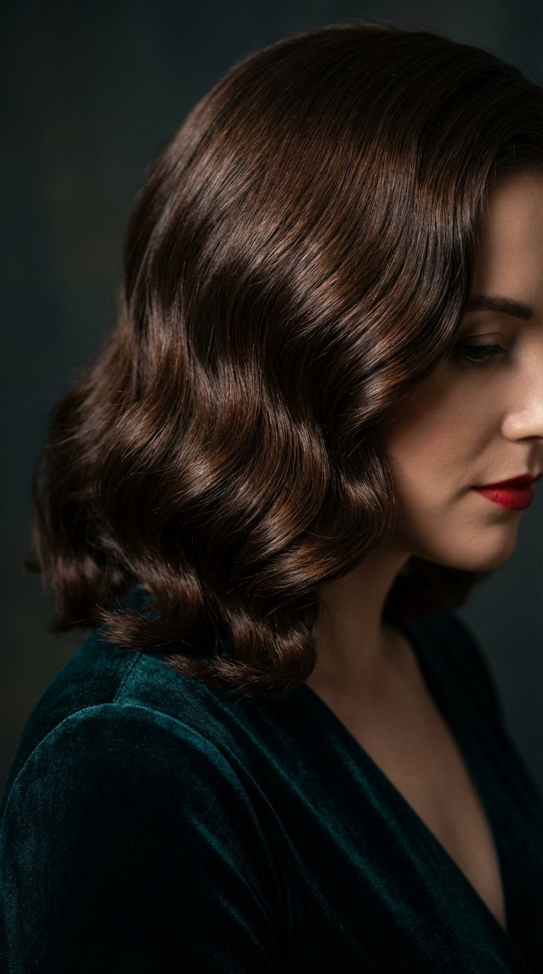 Glamorous retro waves hairstyle with deep sculpted shiny waves reminiscent of old Hollywood glamour