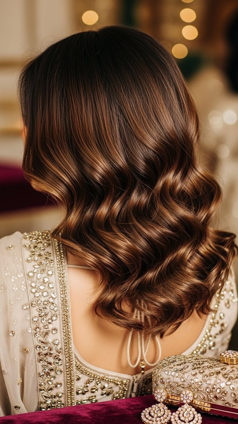 Glamorous side-swept curls cascading over shoulder on Indian wedding guest hairstyle with festive backdrop