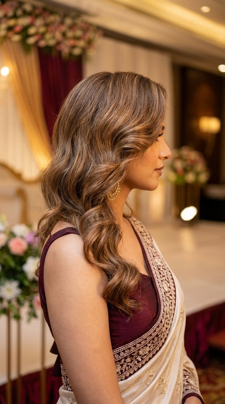 Glamorous side-swept waves hairstyle cascading over shoulder with statement earrings for modern saree styling