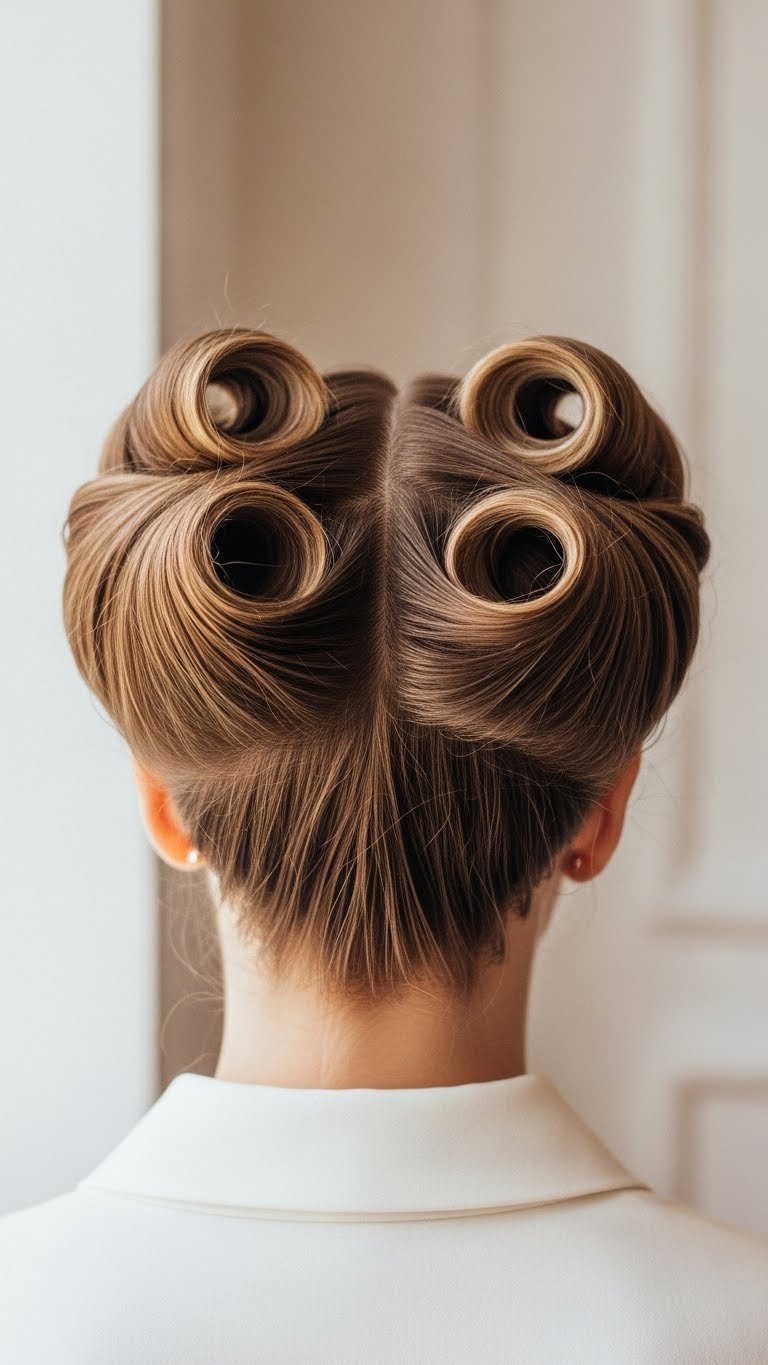 Glamorous victory rolls hairstyle with voluminous sculpted arches and flowing waves against a minimalist neutral background.