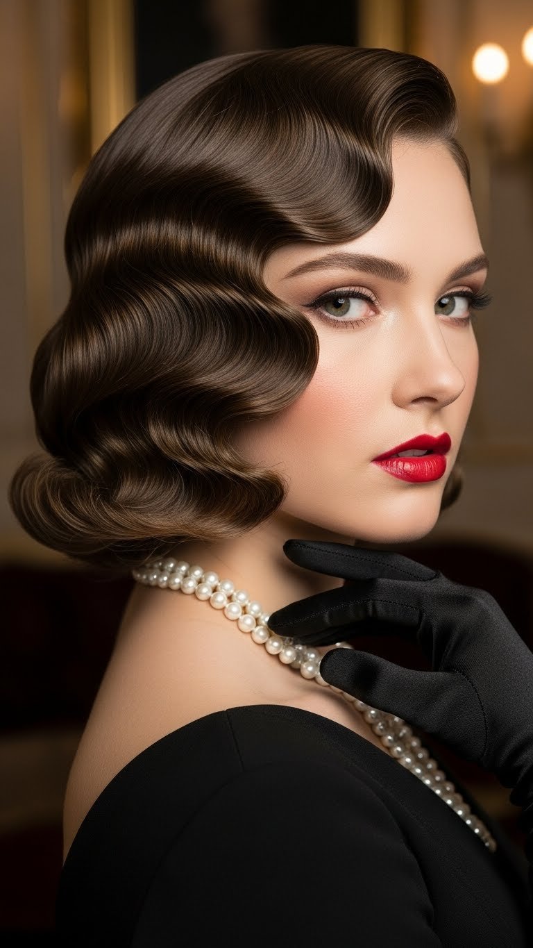 Glamorous vintage waves hairstyle with symmetrical barrel curls and old Hollywood allure.