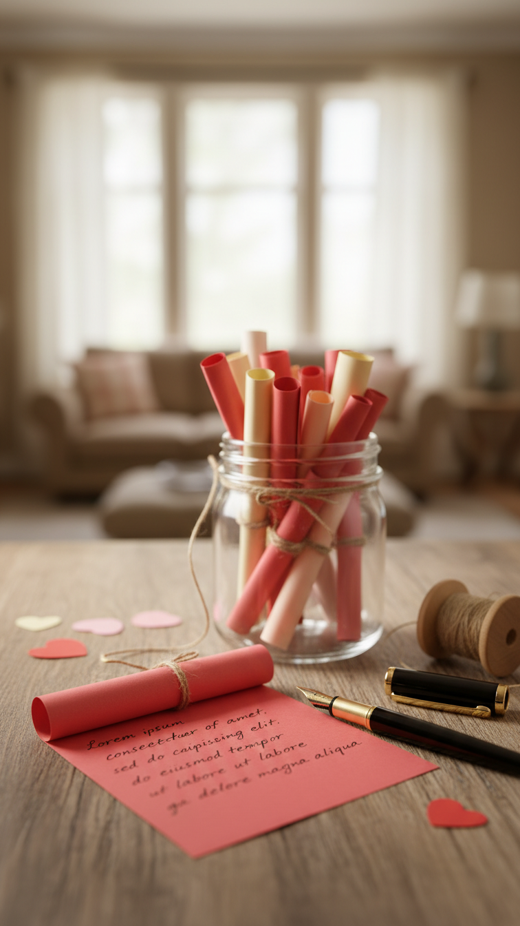 Glass jar filled with colorful rolled-up love notes and unrolled handwritten message for DIY gift