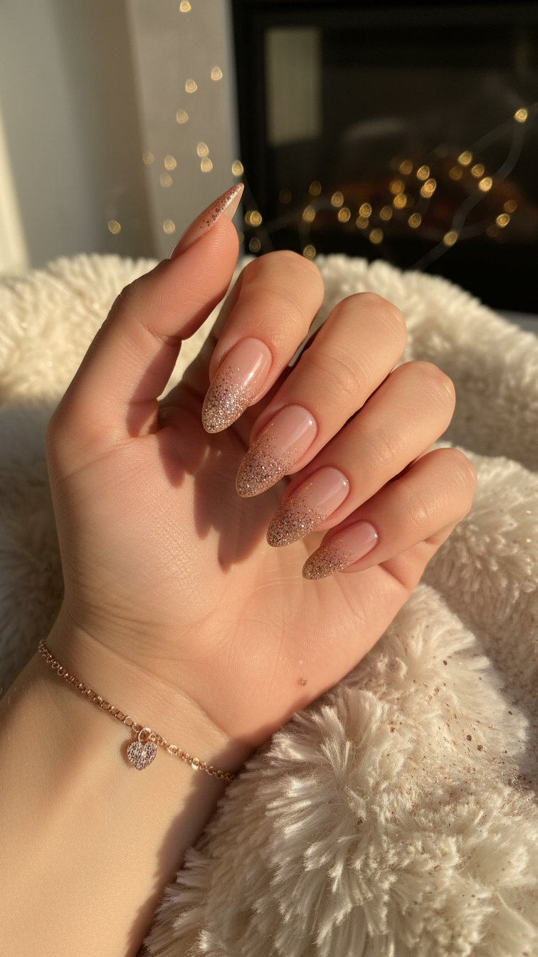 Glitter ombre almond nails with heart-shaped gradient and rose gold accents on linen fabric