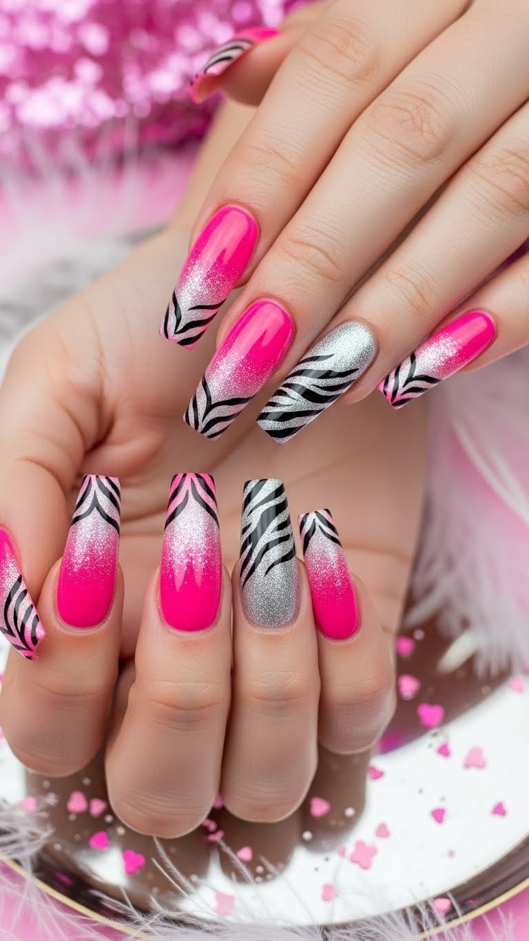 Glitter ombre zebra print coffin nails with hot pink to silver gradient on polished chrome tray