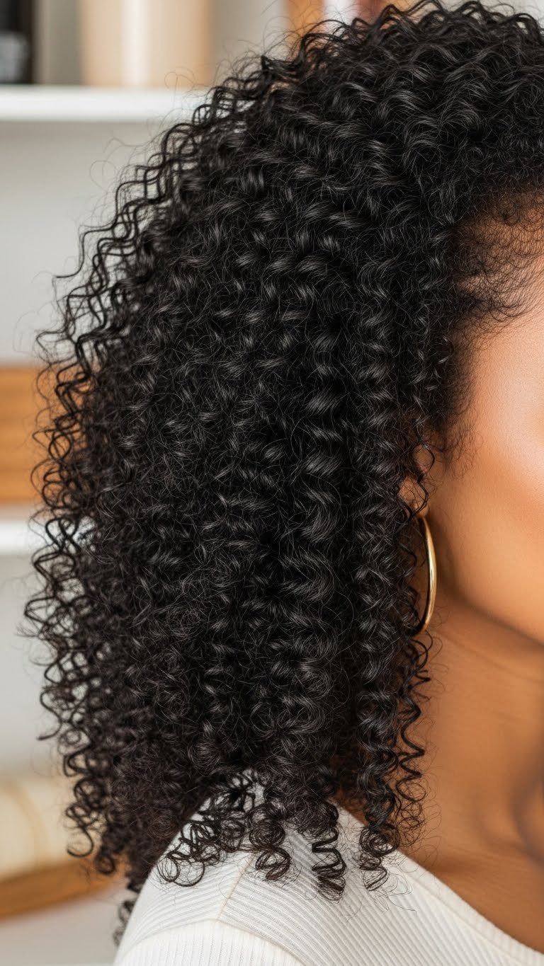 Glossy Jheri Curl hairstyle from the 80s with tight wet-look bouncy curls and gold hoop earring