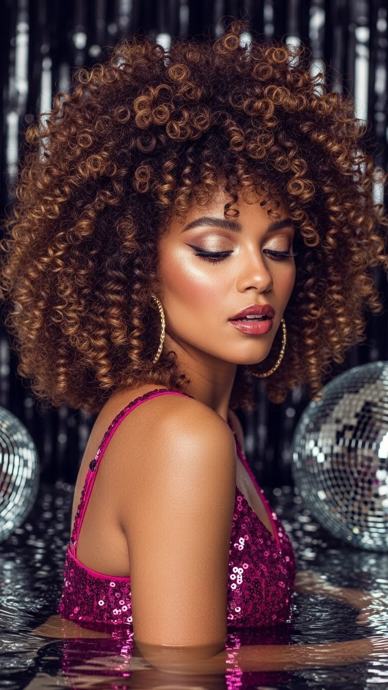 Glossy disco curls with bouncy volume and shine against shimmering dark background evoking 70s dance floor energy.