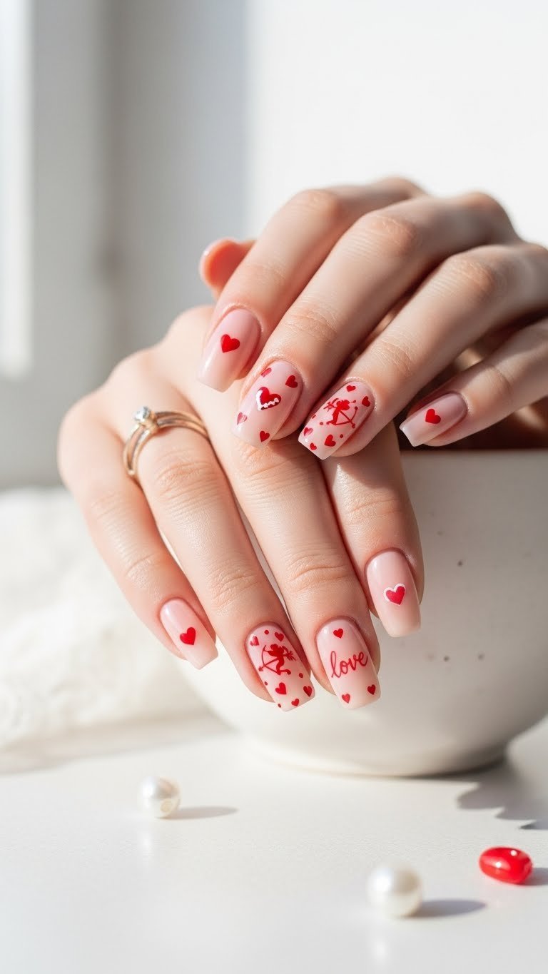 Glossy nude Valentine's gel nails with festive heart decals on light ceramic background