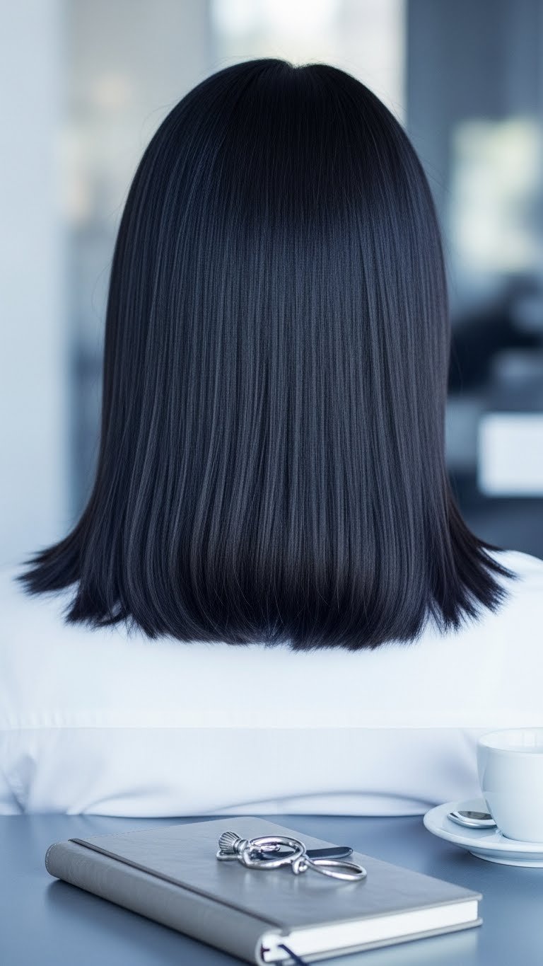 Glossy shoulder-length straight hair with sleek finish against crisp white shirt for elegant professional winter look