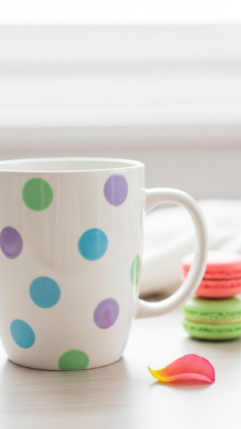 Glossy white ceramic mug with vibrant pastel polka dots in mint green, baby blue, and lavender scattered dynamically across surface.