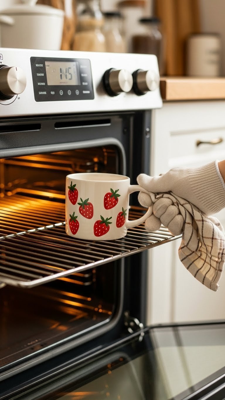 Gloved hand placing hand-painted strawberry mug onto oven rack for curing process in warm golden kitchen light.