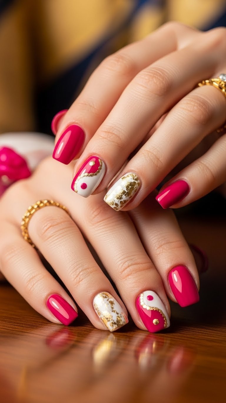Gold foil embellished yin yang nails with fuchsia design and luxurious gold accents on dark wood