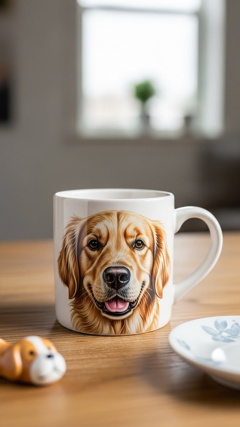 Golden retriever portrait ceramic mug with lifelike fur details on white ceramic against rustic wooden table in cozy natural light