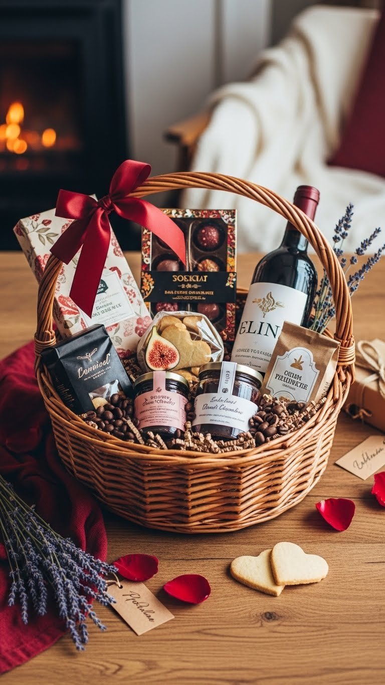 Gourmet Valentine's gift basket with artisan chocolates, wine, cookies, and silk ribbon