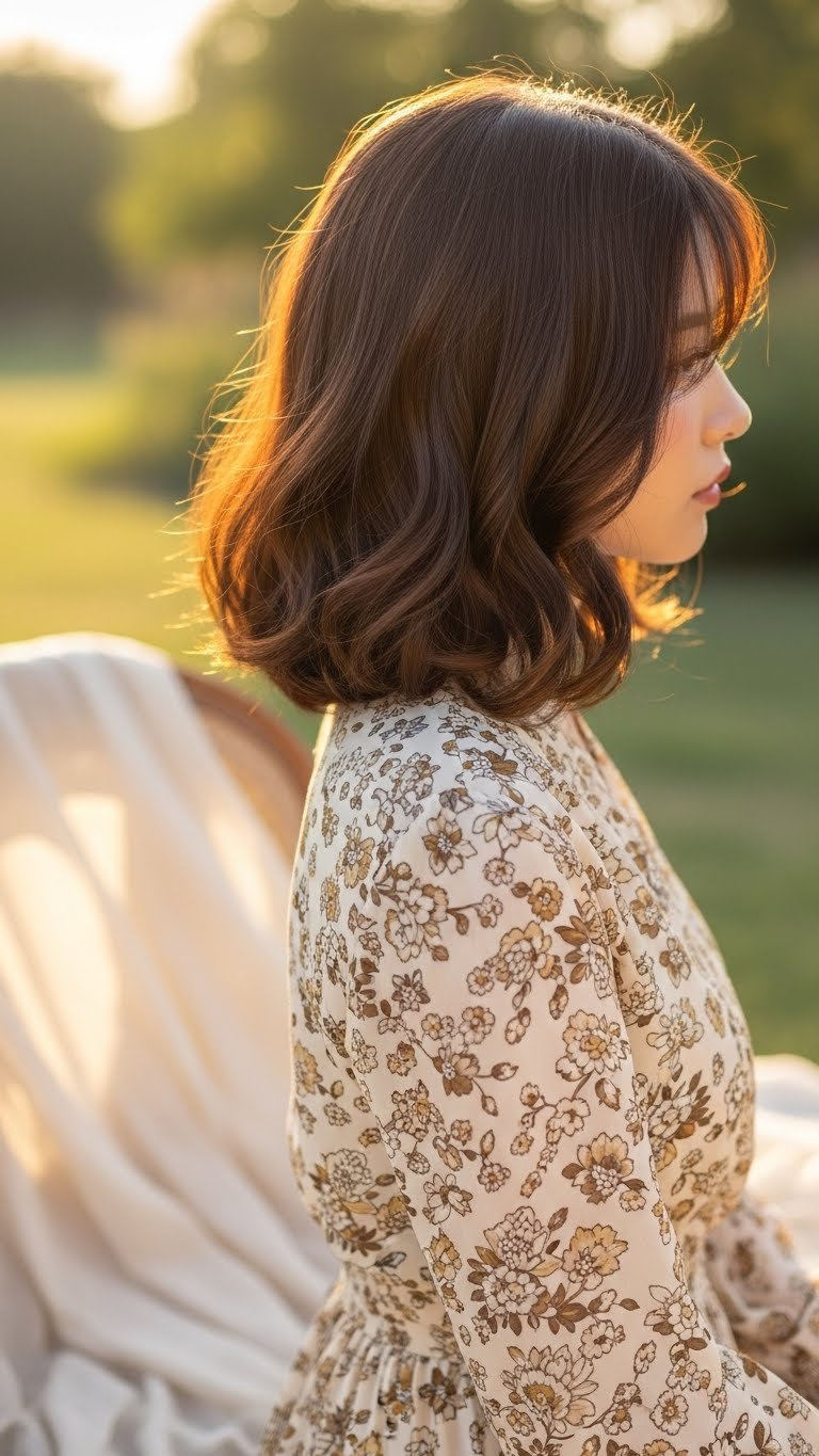 Grace Perm Korean hairstyle with elegant S-shaped waves showcasing luxurious volume and soft movement in golden hour lighting.