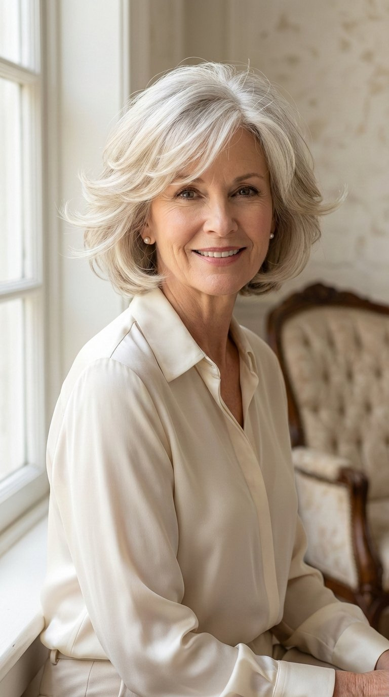 Graceful woman over 60 with soft feathered bob haircut framing her face elegantly in classic indoor setting with soft lighting