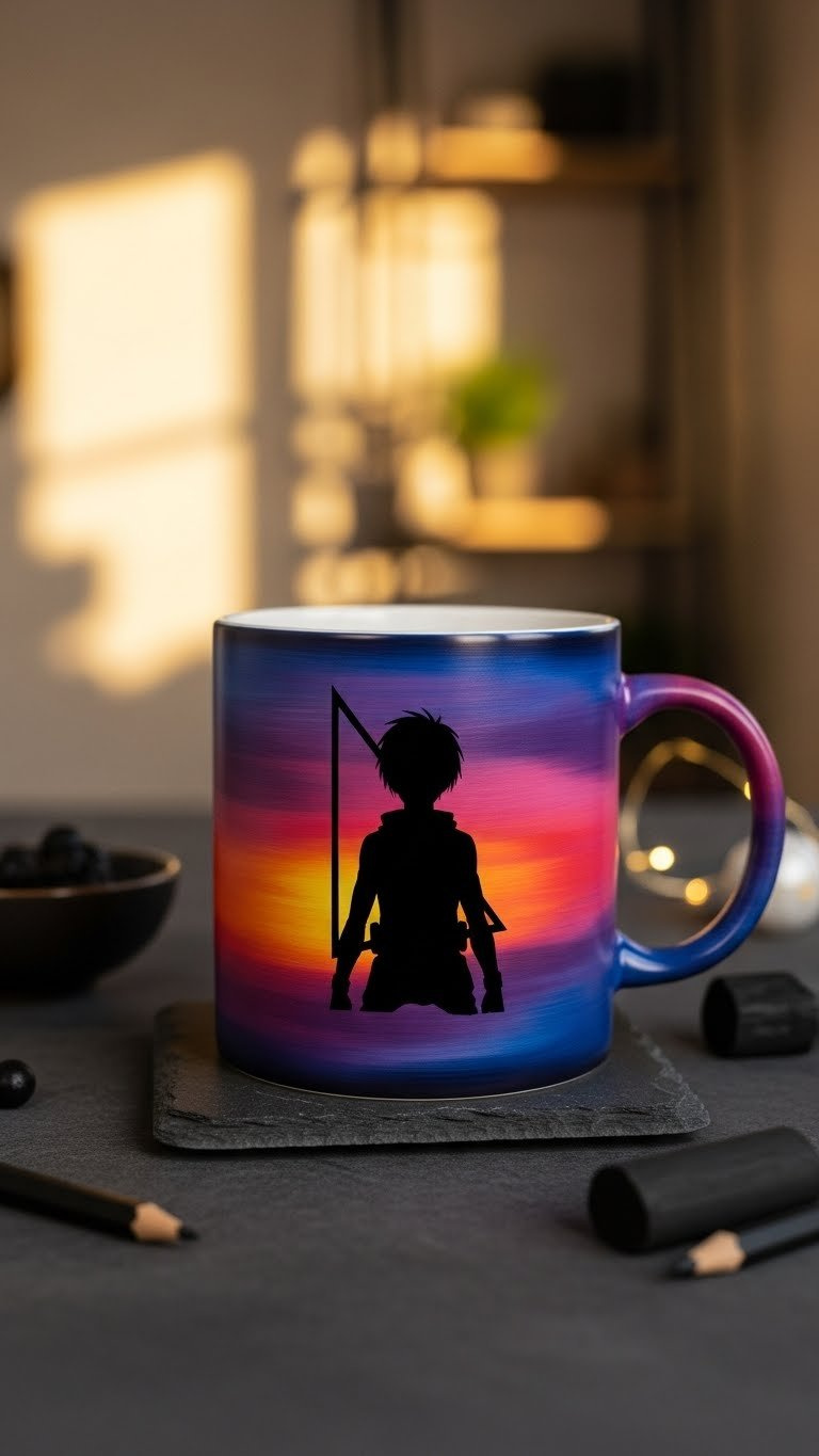 Gradient background with anime silhouette ceramic mug on textured slate coaster in warm lighting.