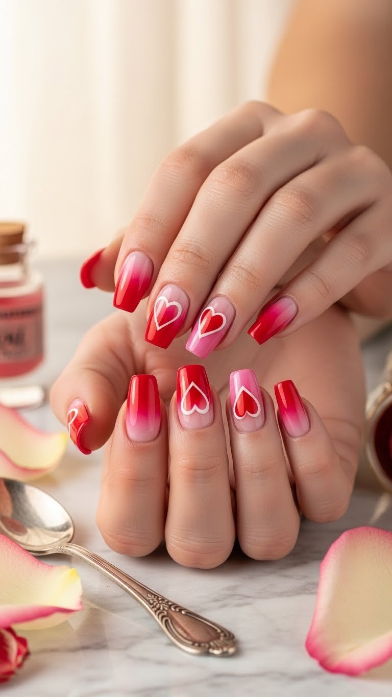 Gradient cat eye nail art with red-to-pink heart shape on marble surface with golden hour lighting
