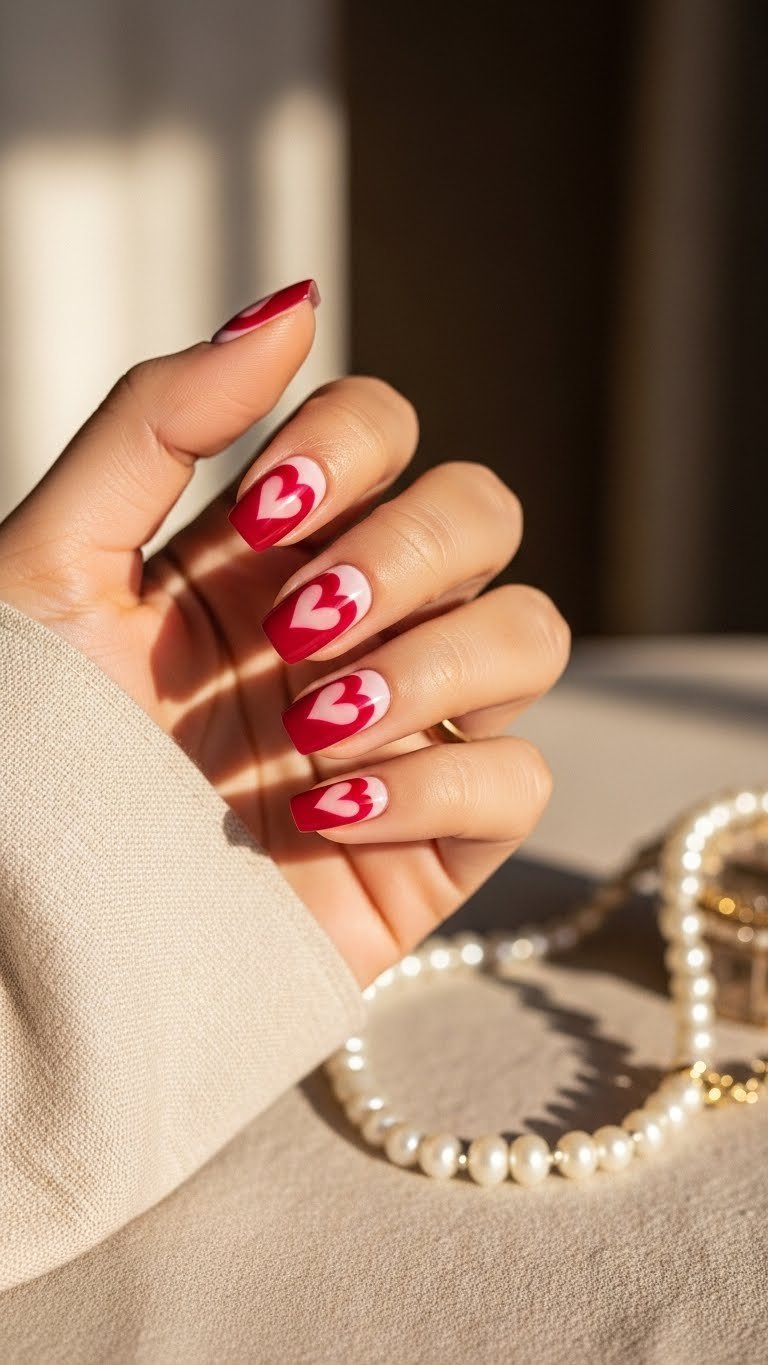Gradient ombre blooming gel hearts on hand transitioning from burgundy to pink against linen tablecloth