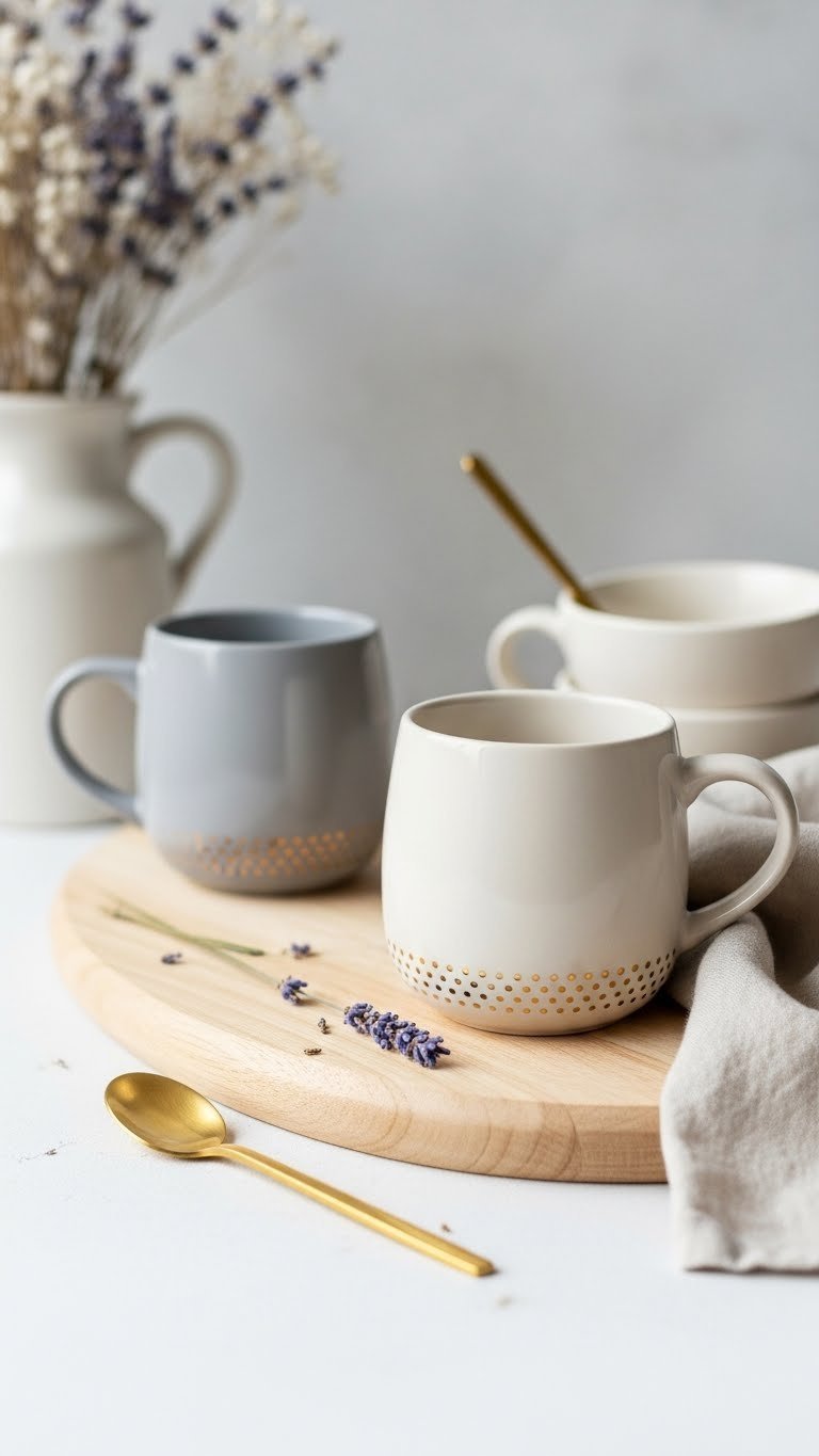 Grey and cream ceramic mugs with subtle gold accents on light wood surface with minimalist decor