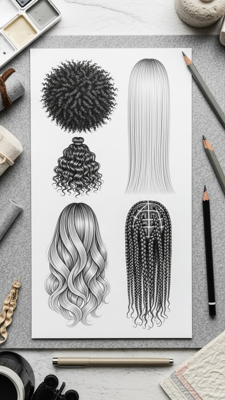 Grid of four diverse hair texture drawings showing afro, straight, wavy styles and braids on gray background
