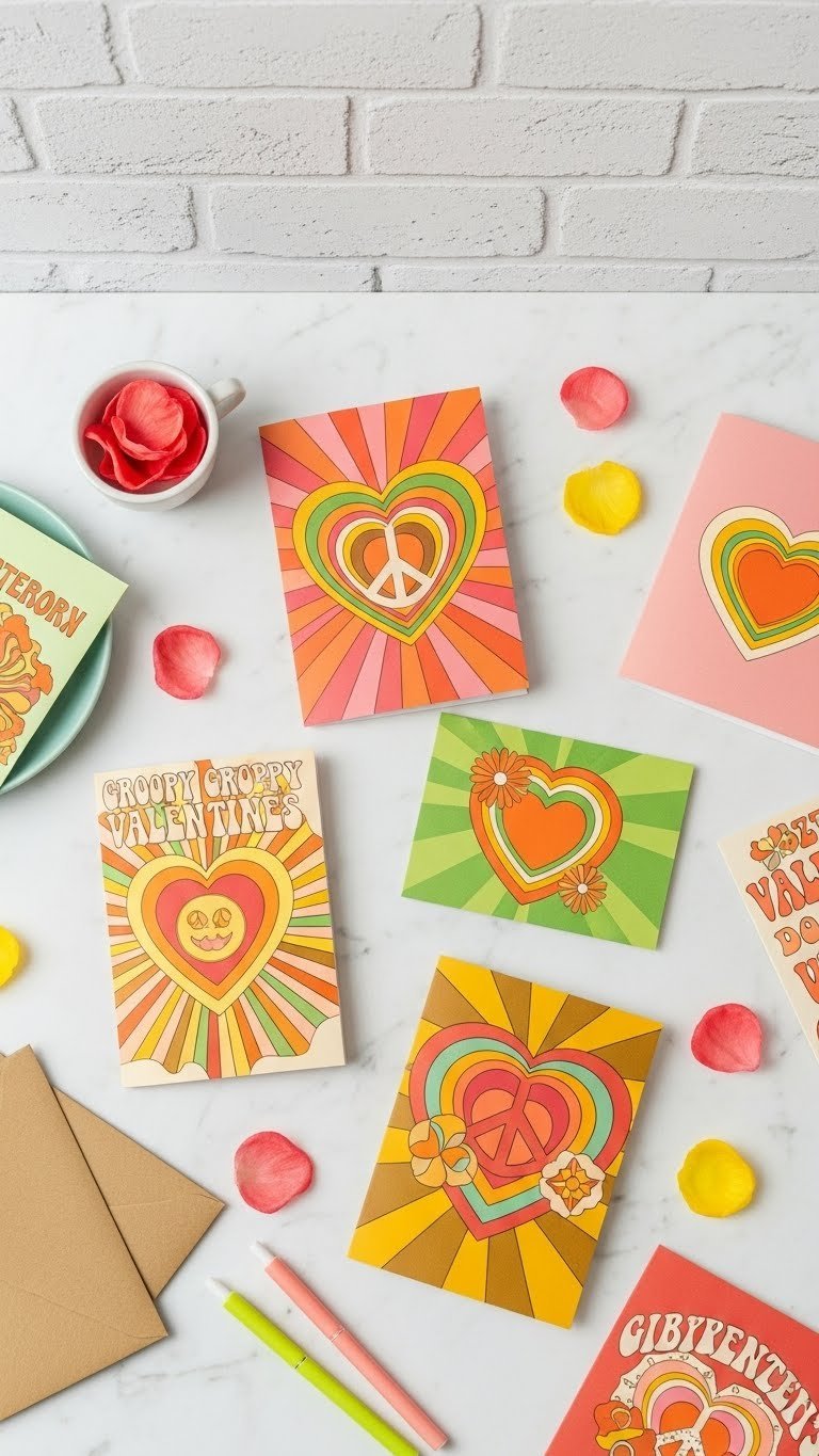 Groovy 70s-inspired Valentine's cards collection with psychedelic patterns, earthy tones, and peace sign illustrations