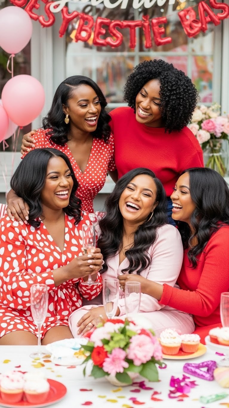 Group of Black women friends laughing and celebrating friendship in festive Galentine's Day setting