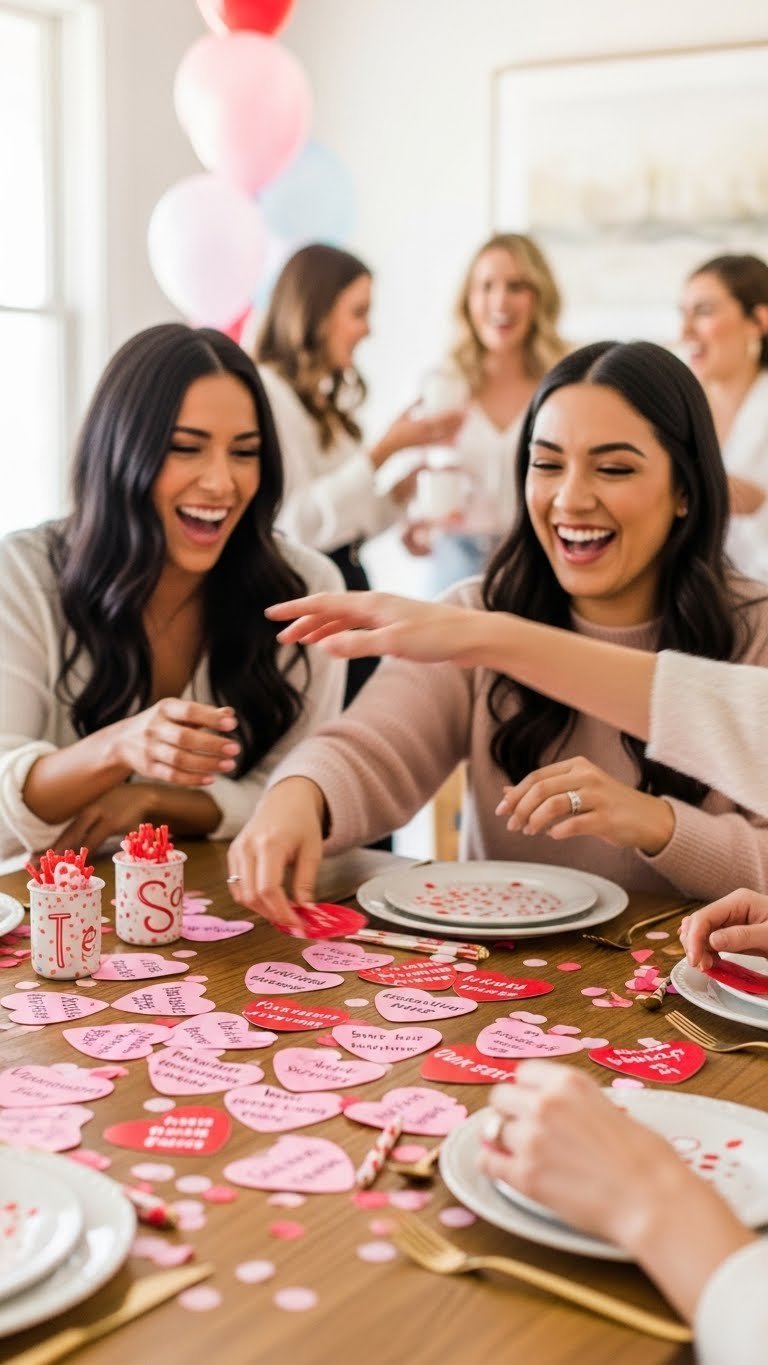 Group of women playing Valentine's baby shower game with heart cards and joyful expressions