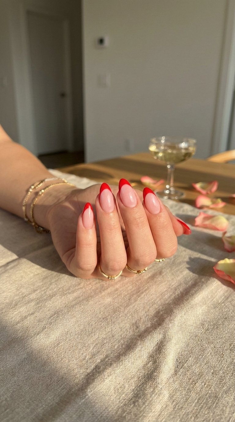 Hailey Bieber's elegant red and pink French tip nails photographed with golden hour lighting on linen tablecloth