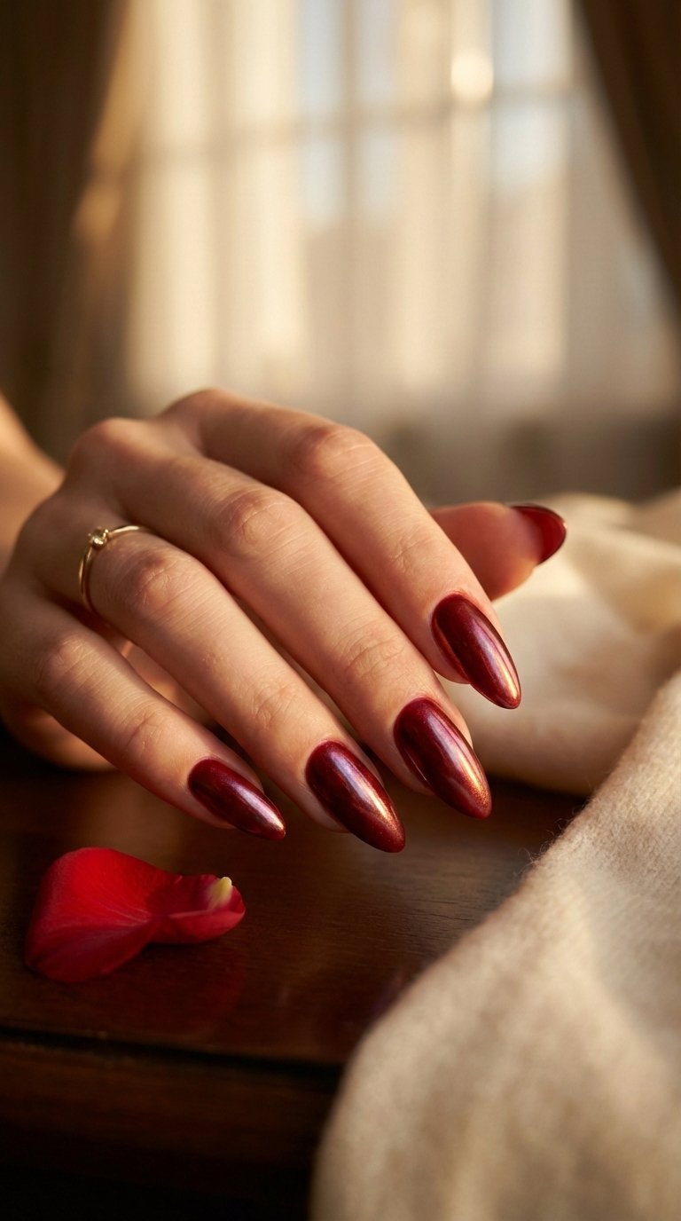 Hailey Bieber's rich red glazed donut nails with chrome finish on dark wood surface in warm golden hour light