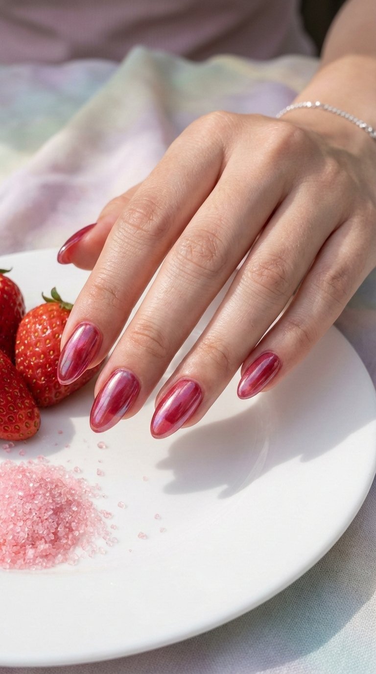 Hailey Bieber's strawberry glaze Valentine's nails with berry-toned polish on white ceramic plate with fresh strawberries