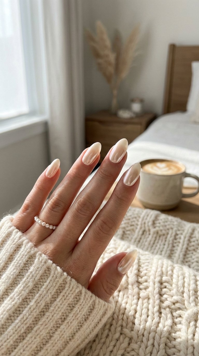 Hailey Bieber's vanilla chrome nails with soft gold finish on cream knitted blanket in cozy natural light