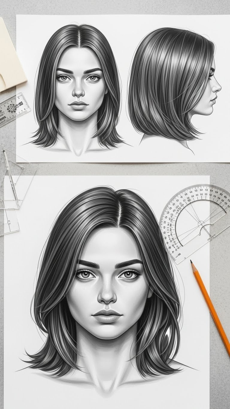 Hairstyle drawing reference showing same hair from front, profile, and three-quarter angle views