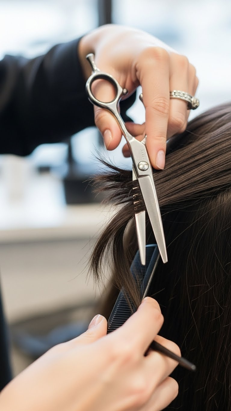 Hairstylist expertly thinning thick dark hair with specialized shears in a professional salon setting with natural lighting.