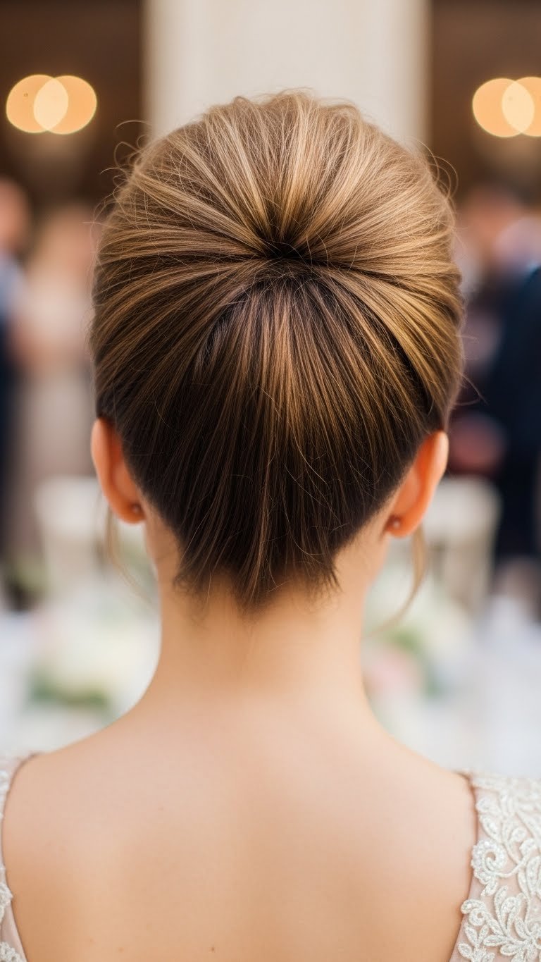 Half-up hairstyle with teased crown creating volume and thickness illusion for thin hair