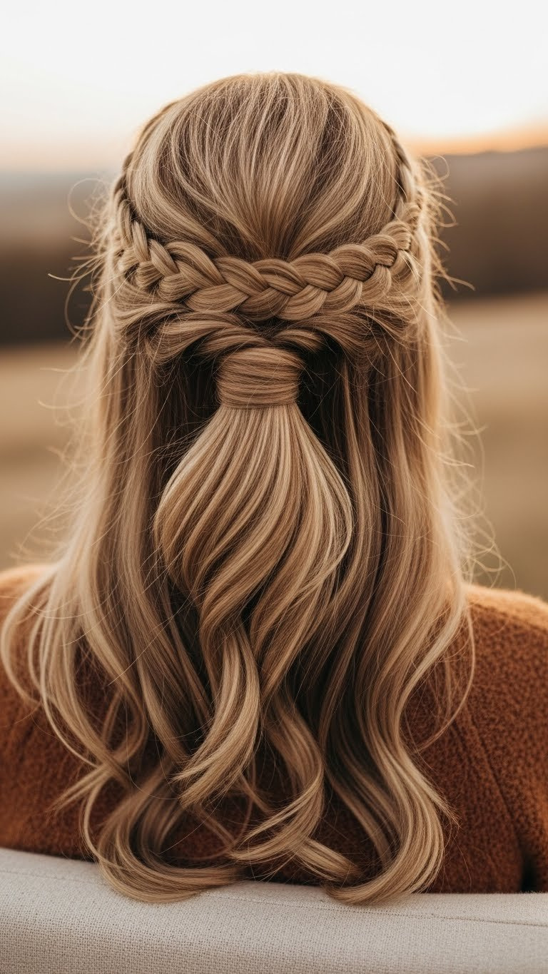 Half-up half-down hairstyle with delicate braided headband showcasing soft waves in warm golden hour light.