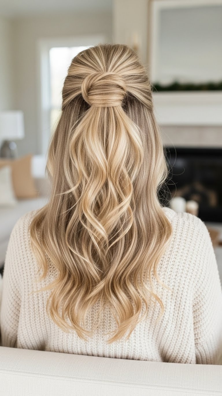 Half-up half-down hairstyle with volume and waves on blonde-haired model in cozy living room setting