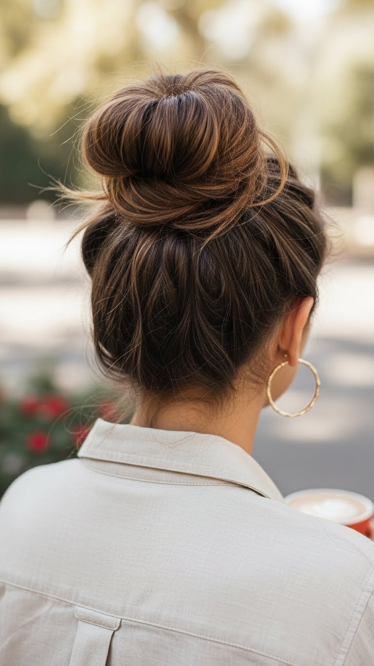 Half-up messy bun on medium length Latina hair with artfully loose strands for casual chic vibe
