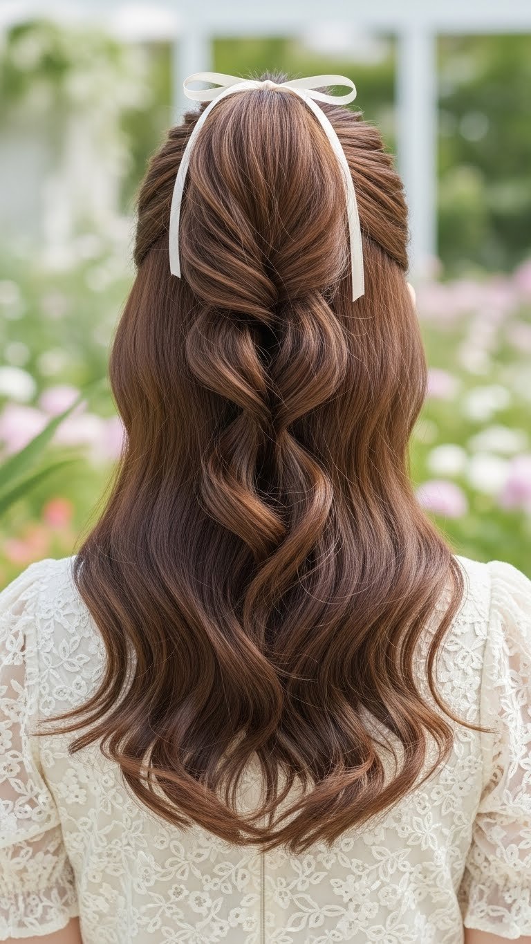 Half-up twisted ponytail hairstyle with ribbon accent and soft waves in pastel colors against outdoor garden setting