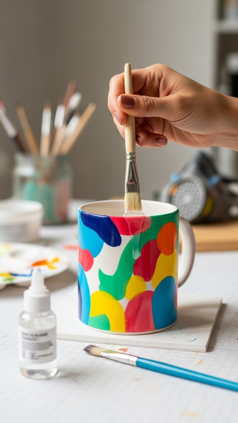 Hand applying glossy sealant to finished abstract painted mug on clean white craft mat in studio