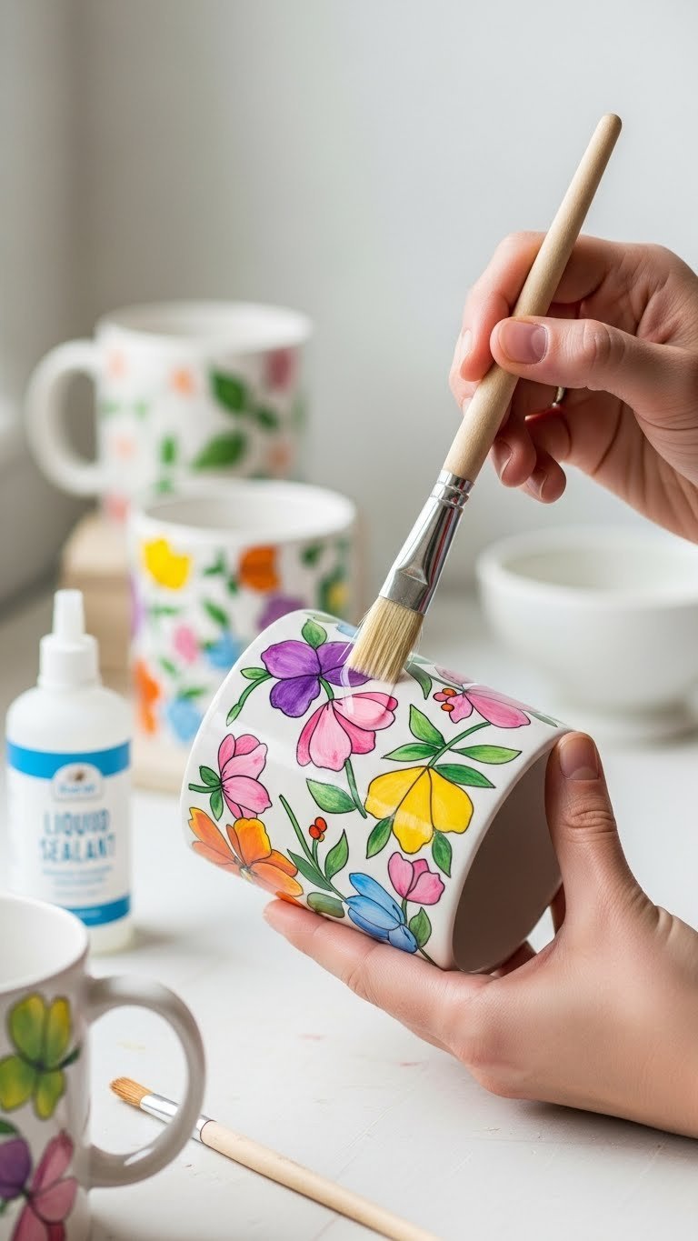 Hand brushing clear dishwasher safe sealant onto baked DIY painted mug with wet sheen
