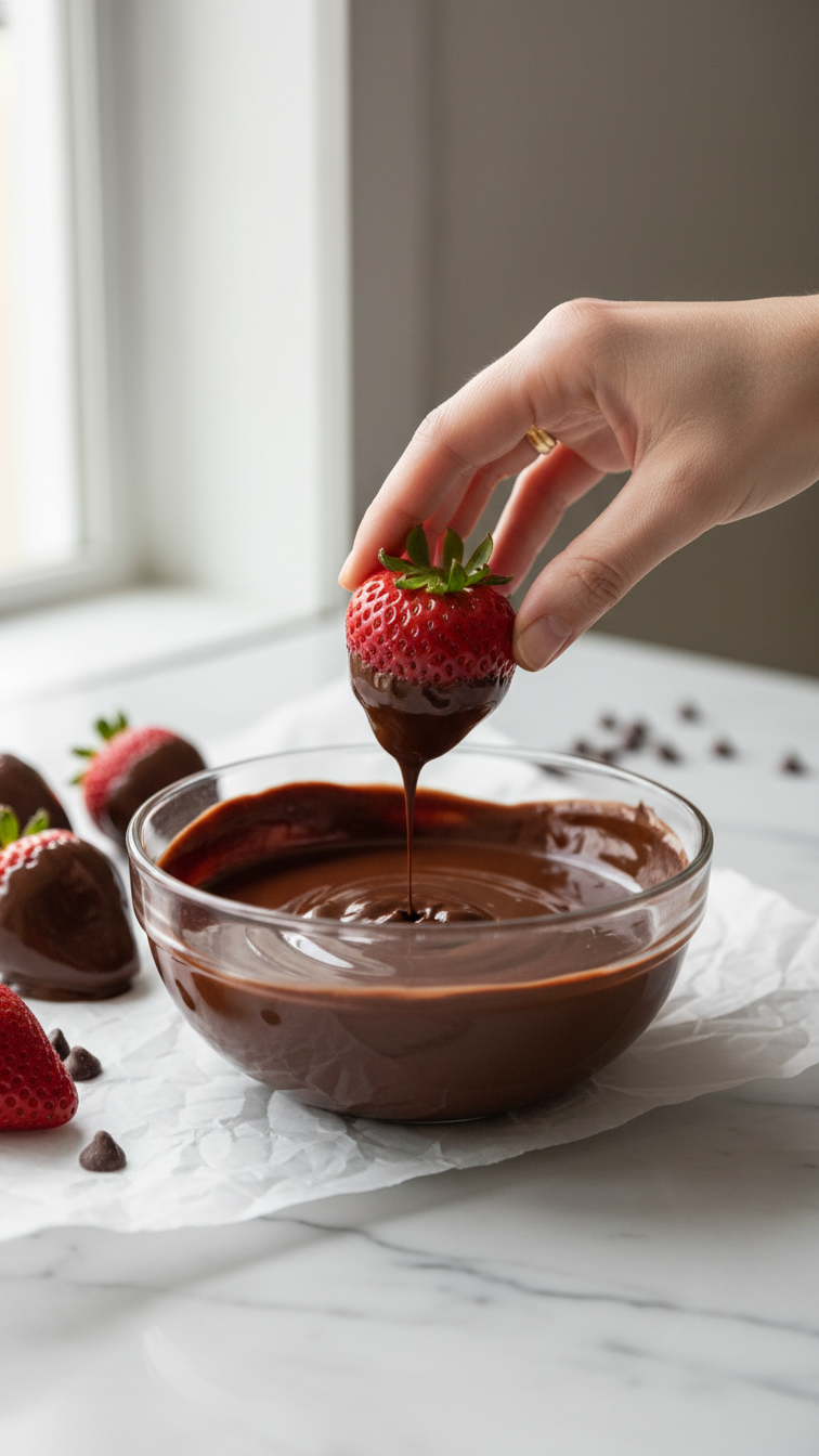 Hand dipping a fresh red strawberry into glossy melted dark chocolate