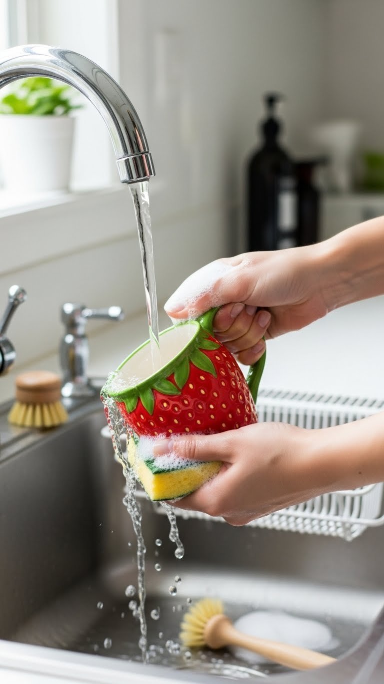 Hand gently washing hand-painted strawberry mug under running water in stainless steel sink with soft sponge.
