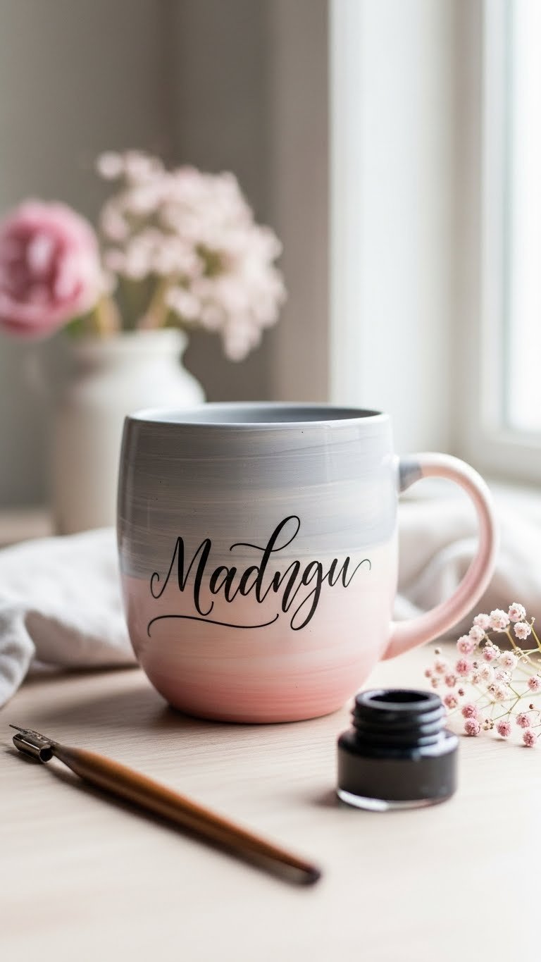 Hand-lettered calligraphy ceramic mug with elegant script writing on light wooden desk in art studio setting