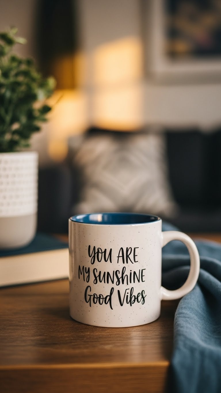 Hand-lettered inspirational quote painted mug on rustic wooden table with cozy golden hour lighting