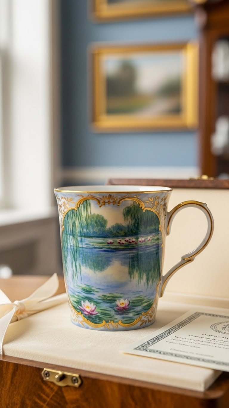 Hand-painted Limoges Monet porcelain mug showcasing visible brushstrokes against velvet-lined display box background.