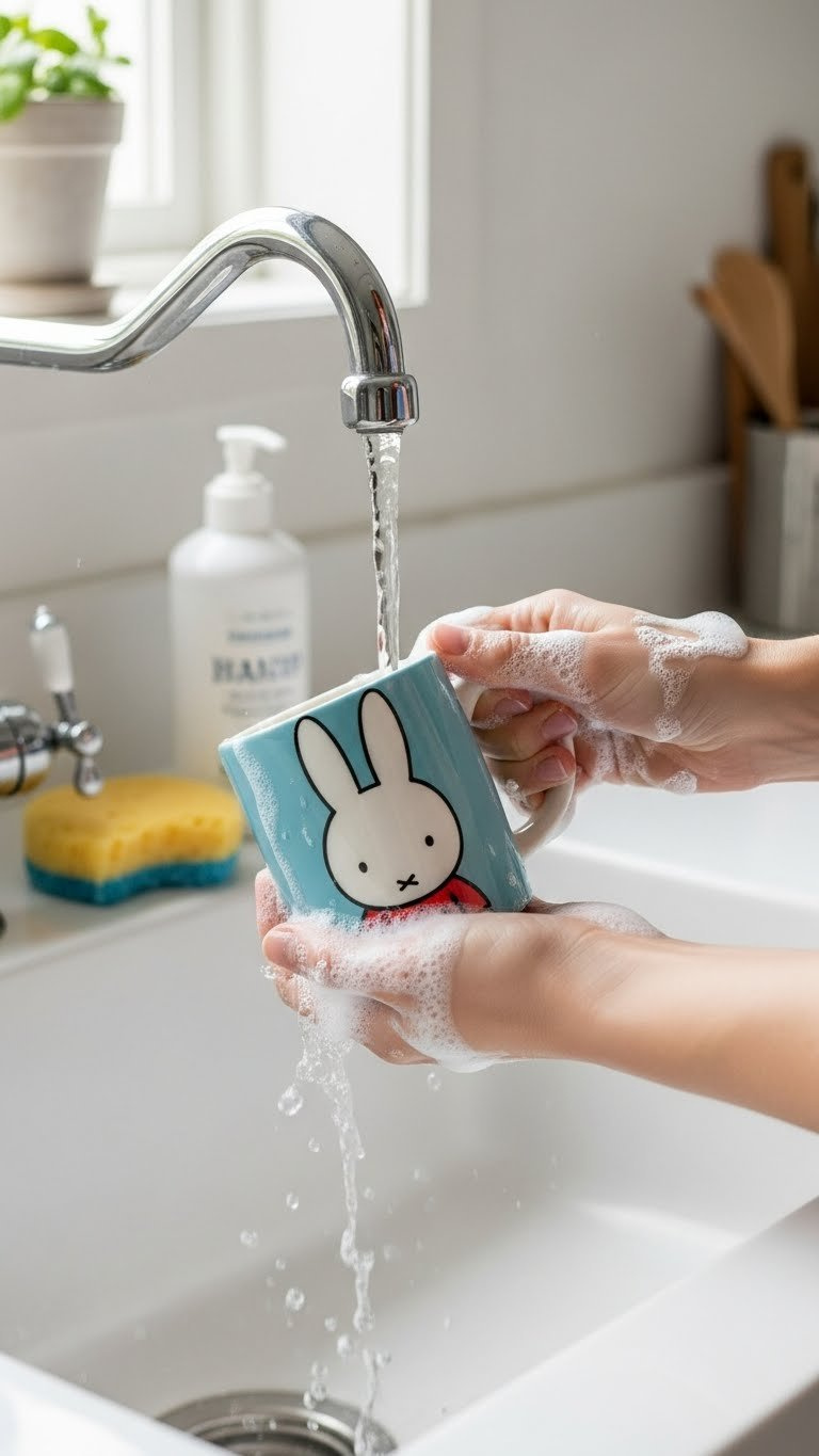 Hand-painted Miffy mug being gently washed under water stream in white porcelain sink with soft suds and sponge